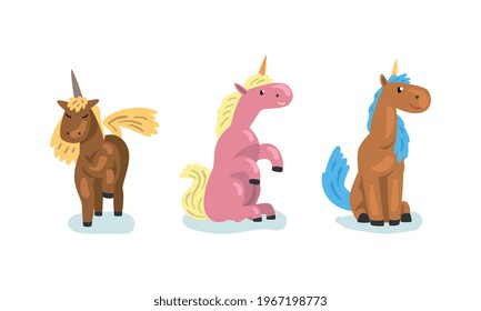 Unicorns Set, Beautiful Magic Fairytale Animal Cartoon Vector Illustration