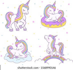 Unicorns set with cute cartoon characters. Unicorn on a cloud, on a donut and on a rainbow. Vector illustration isolated on a white background.