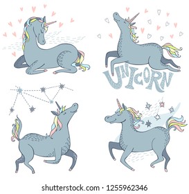 Unicorns set. Cute Cartoon Unicorns isolated on a white background. Unicorn and fairytale isolated elements for your design. Stars, hearts, lettering.