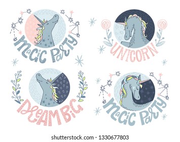 Unicorns set. Cute magic collection with unicorn, crystals, stars, flowers. Unicorn Lettering. Unicorn card. Head portrait horse sticker, patch badge.
