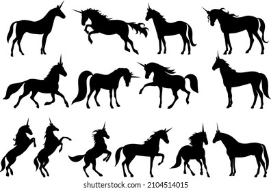 unicorns silhouette collection, isolated, vector