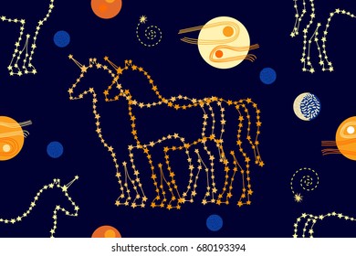 Unicorns in the sky. Abstract seamless vector pattern with magic animals, constellations, stars and moon. 1950s-1960s motifs. Retro textile collection. Golden on dark.