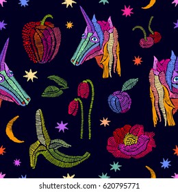 Unicorns in the sky. Seamless pattern with embroidered texture. Bananas, pepper, cherry, tulips, poppies, stars. 