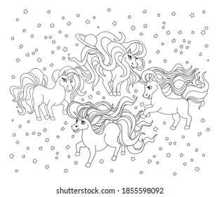 Unicorns in space. Stars ond moon around. Outline drawing, lines for coloring, black and white outline illustration for childrens drawing. Vector cartoon design.