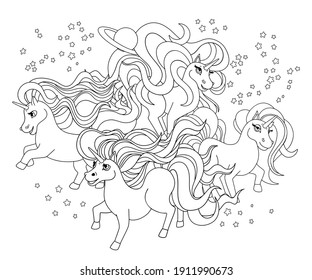 Unicorns in space. Stars ond moon around. Outline drawing, lines for coloring, black and white illustration for childrens drawing. Vector cartoon design.