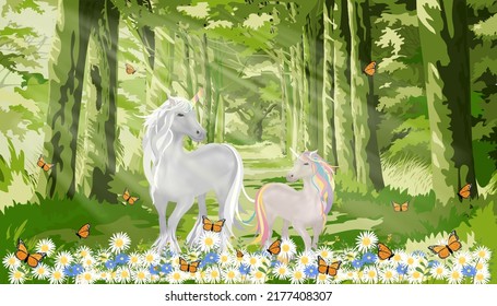 Unicorns standing in beautiful of nature with sun light shining in morning,Vector Fantasy fairy cartoon couple horses walking in green forest foliage with butterfly and bee flying over daisy flower