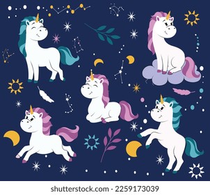 Unicorns and stars. Collection of graphic elements for website. Fictional character and fairy tale. Imagination and fantasy. Pony with horn and colorful mane and tail. Cartoon flat vector illustration