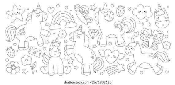 Unicórnios com estrelas, arco-íris e nuvens em um estilo de desenho animado divertido. Criaturas míticas e símbolos caprichosos preenchem a cena. Ilustração de vetor de desenhos animados.