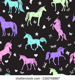 unicorns, stars seamless black background, vector