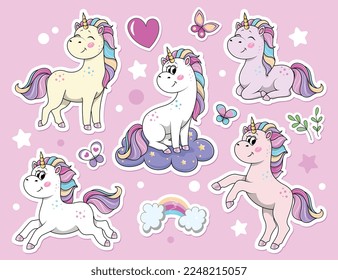 Unicorns stickers set. Collection of graphic elements for website, poster or banner. Imaginary character, fairy tale and fantasy. Cartoon flat vector illustrations isolated on pink background