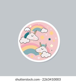 Unicorns stickers set. Collection of graphic elements for website, poster or banner. Imaginary character, fairy tale and fantasy. Cartoon flat design vector illustration