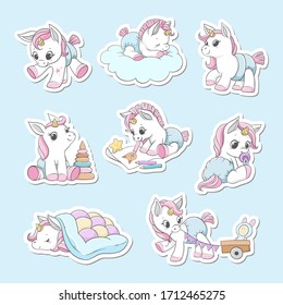 Unicorns stickers set. Vector illustration.