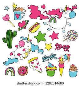 Unicorns and sweets. Cartoon print. Set. Isolated vector objects on white background.