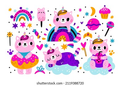 Unicorns with sweets. Fabulous kawaii cats. Pink kittens with color horn. Magic fairy tale characters on clouds and rainbow. Magical wand and candies. Vector funny