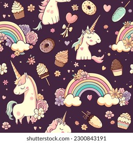 Unicorns, sweets, rainbows seamless pattern with flowers, hearts and cakes. Cute cartoon magic animals. Vector repeated background with beautiful unicorns, tasty desserts. Vintage pastel print design