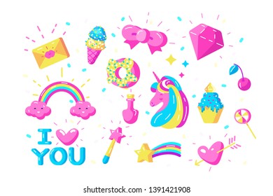 Unicorns symbols set vector illustration. Collection consist of rainbow magic wand ice-cream sweets candies and inscription I love you flat style concept. Isolated on white