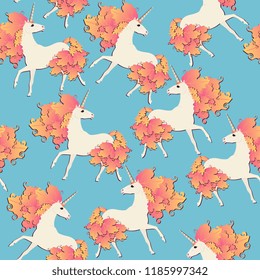 Unicorns with tail and mane in form of orange autumn leaves on blue sky background seamless pattern in vector.