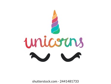 Unicorns text and unicorn illustration. Fairytale horse character. Flat vector print, magical kingdom