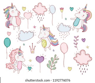 unicorns trendy with clouds and plants leaves