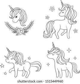 Unicorn's various postures, lines, standing and running and lying down