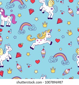 Unicorns vector collection. Pretty pony for little girls with different fairy tale's elements. Cute illustration.