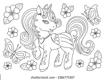 Unicorns vector. Coloring book page unicorn. Children background. Coloring page unicorn. Magic pony cartoon. Sketch animals. Animals coloring page. Animals vector