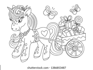 Unicorns vector. Coloring book page unicorn. Children background. Coloring page unicorn. Magic pony cartoon. Sketch animals. Animals coloring page. Animals vector