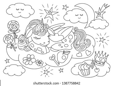 Unicorns vector. Coloring book page unicorn. Children background. Coloring page unicorn. Magic unicorn cartoon. Animals coloring page. Animals outline.
