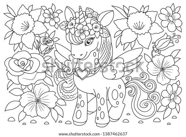 Unicorns vector. Coloring book page unicorn.\
Children background. Animals coloring page. Animals vector. Magic\
unicorn cartoon. Sketch\
animals