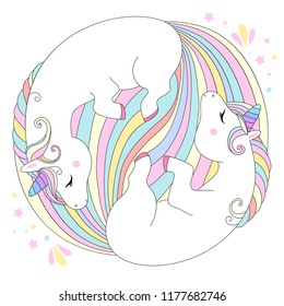 Unicorns vector cute characters. White sleep unicorns with rainbow hair vector illustration