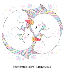 Unicorns vector cute characters. White unicorns with rainbow hair vector illustration