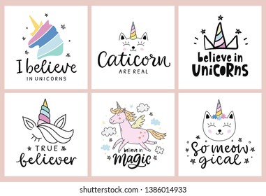 Unicorns vector cute hand drawn lettering poster templates set, t shirt prints, stickers, kids fashion design, birthday party, baby shower, nursery decoration, greeting card illustrations.