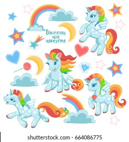 Unicorns vector set. Horse cartoon. Unicorn print design