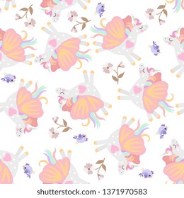 Unicorns with wings of butterfly, birds and flowers isolated on white background seamless gentle pattern.