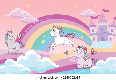 Unicorns wonderland concept. Fairy tale, imagination and fantasy. Ponies jump and fly against backdrop of city or town and houses on rainbow. Poster or banner. Cartoon flat vector illustration