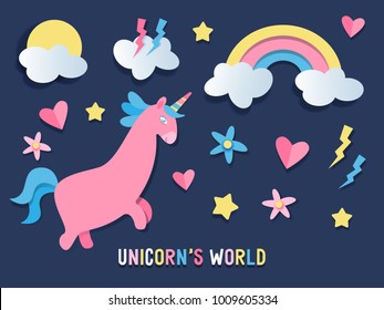 Unicorn's World. Cute vector illustration in paper cut style of pink unicorn with rainbow, clouds, hearts and flowers