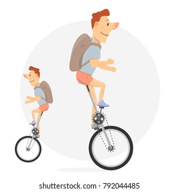 Unicycle. Cartoon character funny and comic style. Bike with one wheel.