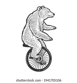 unicycle cartoon circus bear sketch engraving vector illustration. T-shirt apparel print design. Scratch board imitation. Black and white hand drawn image.