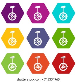 Unicycle icon set many color hexahedron isolated on white vector illustration