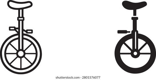 Unicycle icon set with solid and outline styles, ideal for cycling, sport and transport graphics.