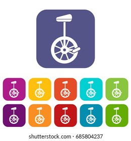 Unicycle icons set vector illustration in flat style in colors red, blue, green, and other
