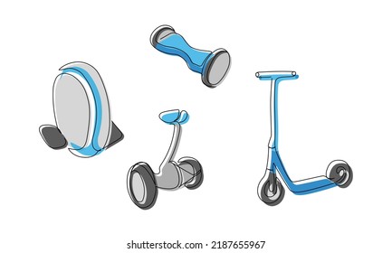 Unicycle, monowheel, gyroscooter, skate colored one line art. Continuous line drawing of sport, transportation, speed, electric, motion, hobby, mobile, hipster activity wheel hoverboard, color.