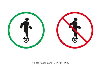 Unicycle Warning Sign Set. Monowheel Allowed and Prohibit, Electric Gyroscooter Icons. Hoverboard, Danger Transport In Red and Green Circle Symbol. Isolated Vector Illustration.