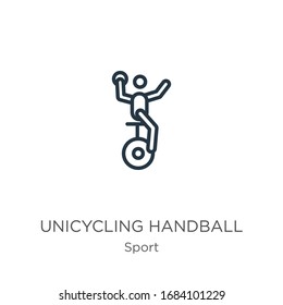 Unicycling handball icon. Thin linear unicycling handball outline icon isolated on white background from sport collection. Line vector sign, symbol for web and mobile