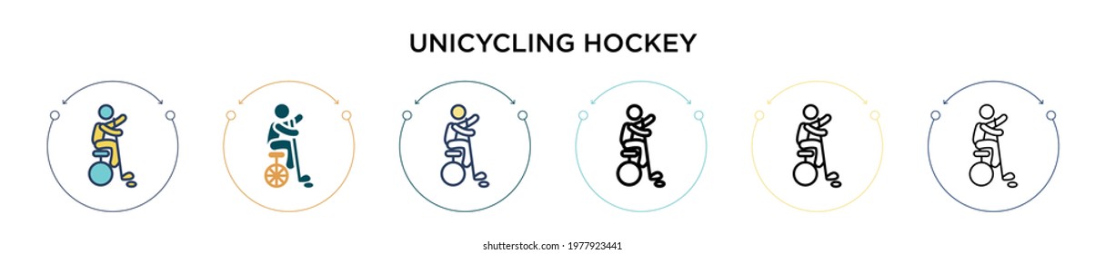 Unicycling hockey icon in filled, thin line, outline and stroke style. Vector illustration of two colored and black unicycling hockey vector icons designs can be used for mobile, ui, web