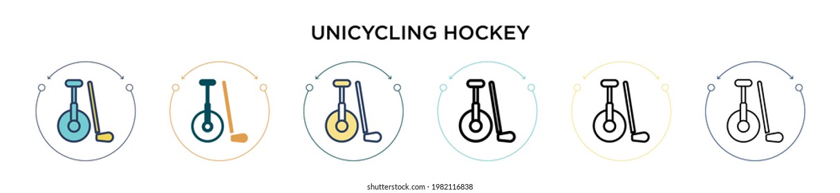 Unicycling hockey icon in filled, thin line, outline and stroke style. Vector illustration of two colored and black unicycling hockey vector icons designs can be used for mobile, ui, web