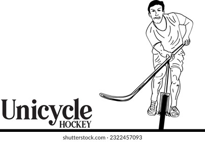 Unicycling Hockey Icon: Thin Line Vector Illustration for Sport Concept, Sleek Unicycling Hockey Outline drawing