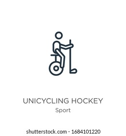 Unicycling hockey icon. Thin linear unicycling hockey outline icon isolated on white background from sport collection. Line vector sign, symbol for web and mobile