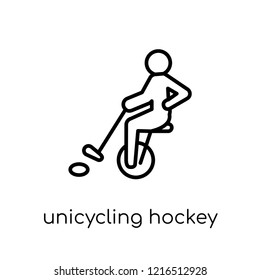 unicycling hockey icon. Trendy modern flat linear vector unicycling hockey icon on white background from thin line sport collection, editable outline stroke vector illustration