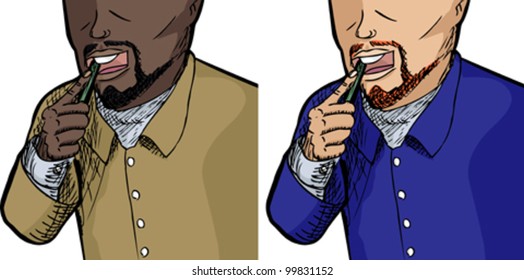 Unidentifiable men brushing teeth isolated over white background